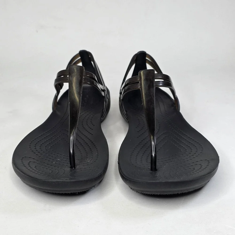 Crocs Isabella T-Strap Sandals Black Strappy Jelly Flat Slip On Shoes Women's 7